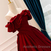 Wine Red Satin Off Shoulder Chic Long Party Dresses, Wine Red Sweetheart Evening Prom Dresses